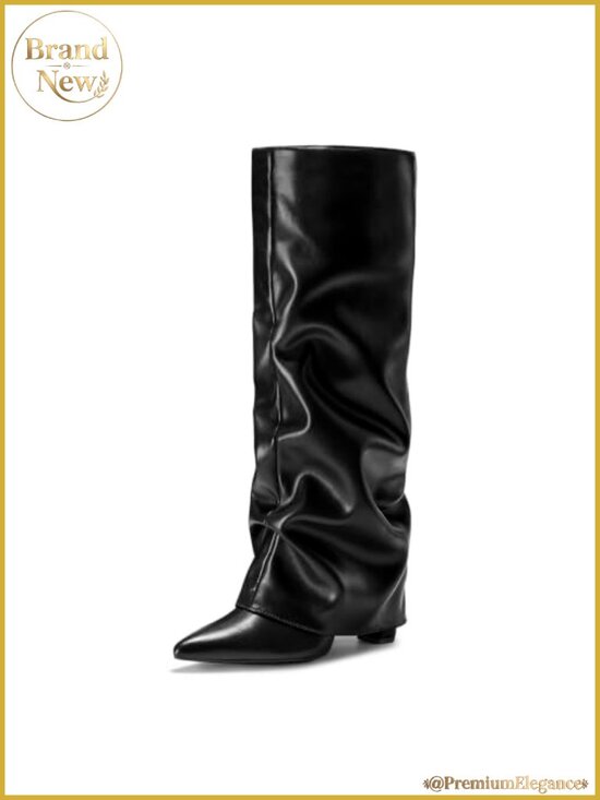 Shoes - Faux Suede PU Leather Knee High Boots Pointed Toe Block Heel Pull On